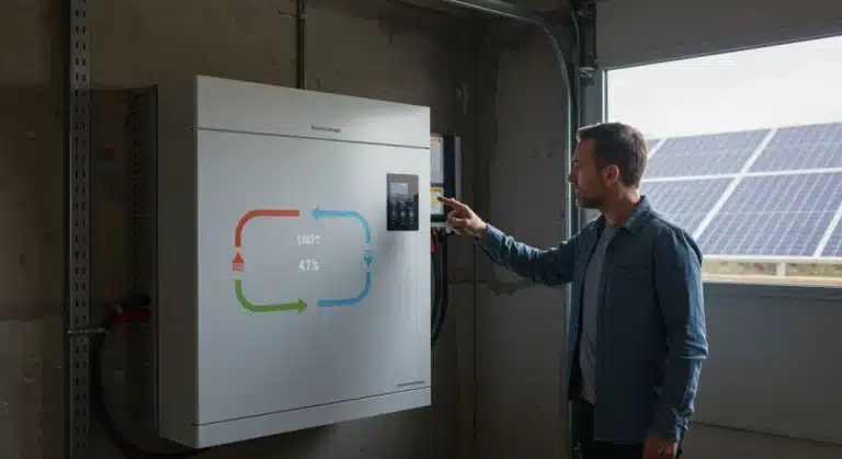 Residential energy storage battery in a modern home garage.