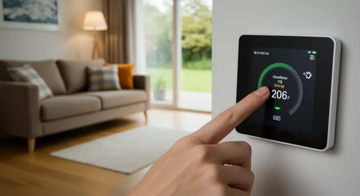 Smart thermostat displaying energy usage in a modern home