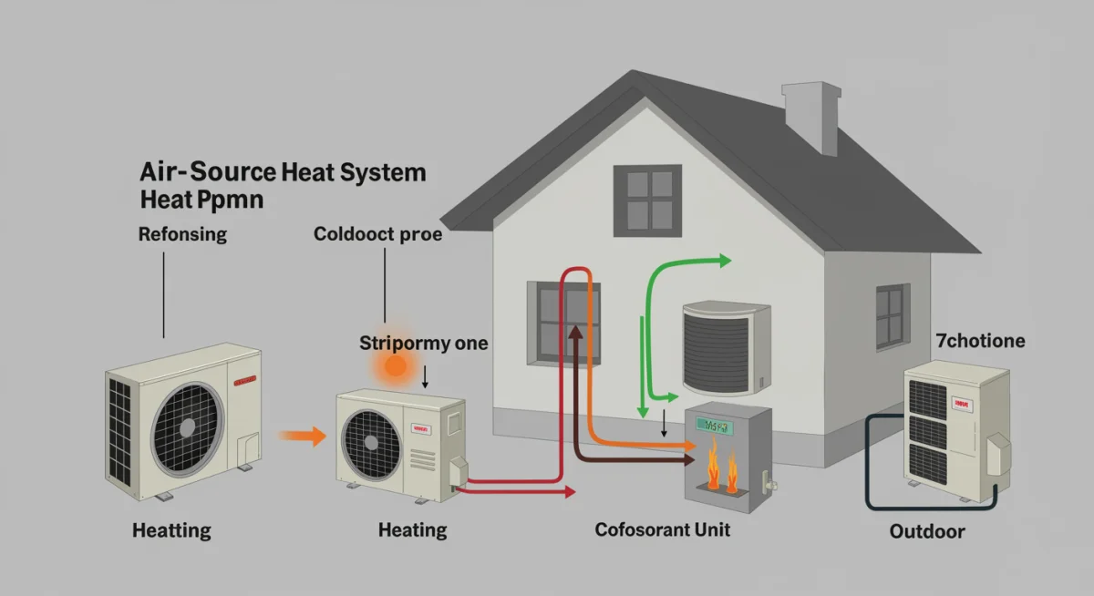 Infographic showing air-source heat pump components and heat transfer