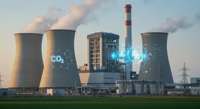 Modern power plant with integrated carbon capture technology, symbolizing environmental progress and financial investment.