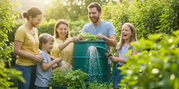 Family watering garden with rain barrel, symbolizing water conservation in 2025.