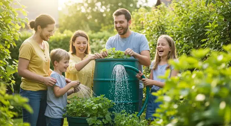 Family watering garden with rain barrel, symbolizing water conservation in 2025.