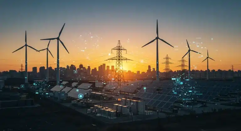 Futuristic energy grid with renewables and battery storage