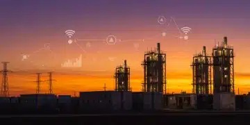 Futuristic energy storage facility with smart grid technology at sunset