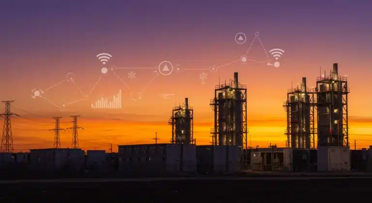 Futuristic energy storage facility with smart grid technology at sunset