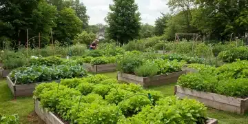 Lush organic garden with abundant vegetables under a clear sky, showcasing sustainable practices.