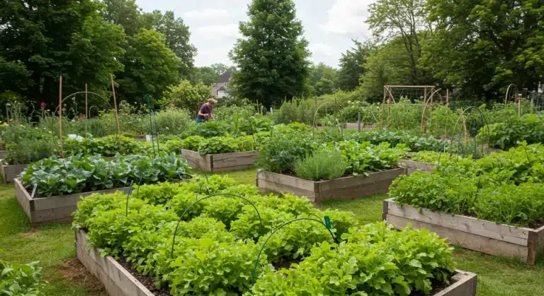Lush organic garden with abundant vegetables under a clear sky, showcasing sustainable practices.