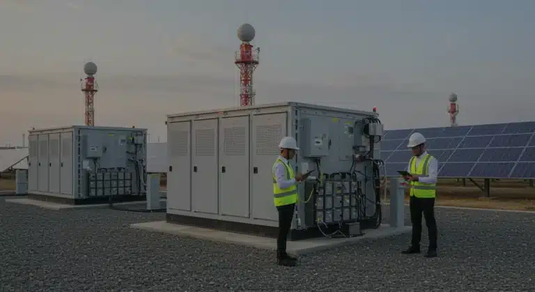 Modern energy storage facility with large battery banks and solar arrays