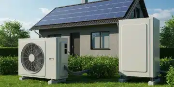 Modern heat pump unit outside an energy-efficient home with solar panels