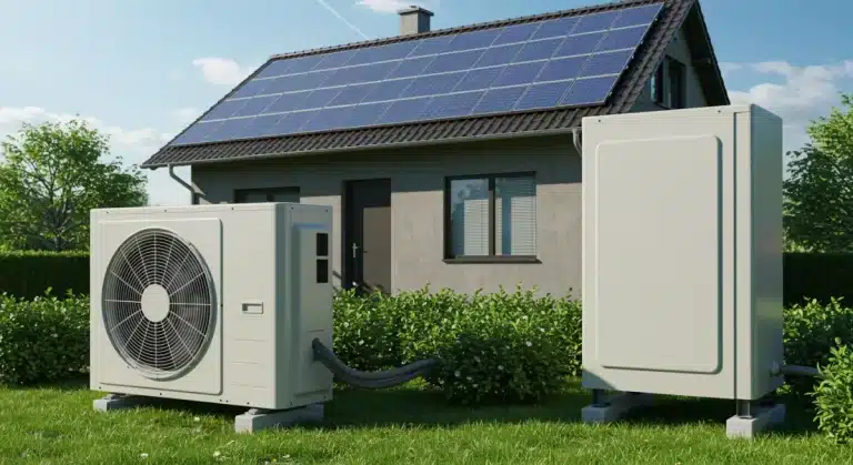 Modern heat pump unit outside an energy-efficient home with solar panels