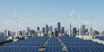 Urban skyline with integrated clean energy solutions for net-zero 2050