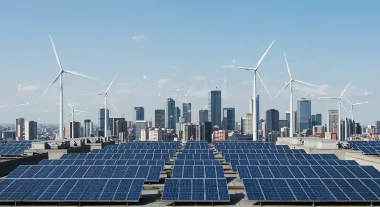 Urban skyline with integrated clean energy solutions for net-zero 2050