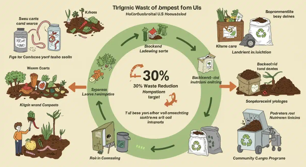 Infographic showing organic waste to compost cycle and 30% reduction in US homes