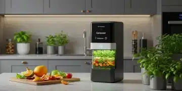 Smart composting device on kitchen counter in a modern US home, 2025 technology