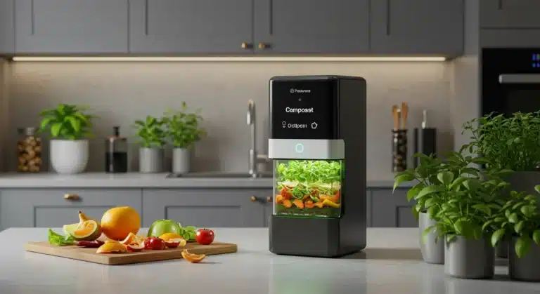 Smart composting device on kitchen counter in a modern US home, 2025 technology