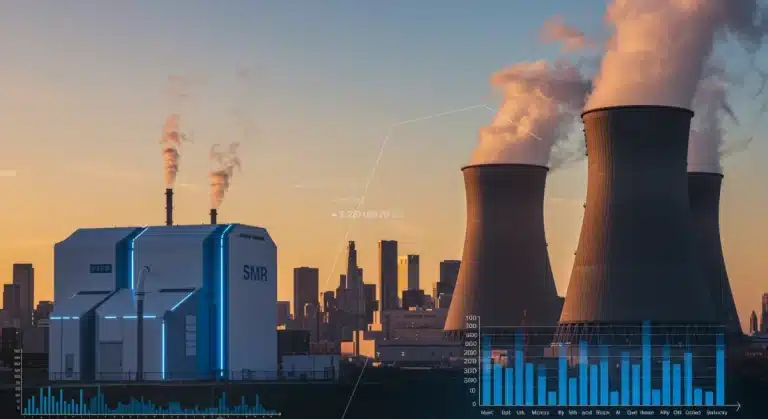 Comparative diagram of small modular reactor and traditional nuclear power plant economics for energy security.