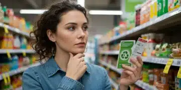 Woman examining green product labels in a supermarket aisle