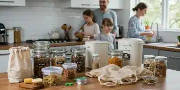 Family adopting zero-waste living practices in a modern kitchen with reusable items