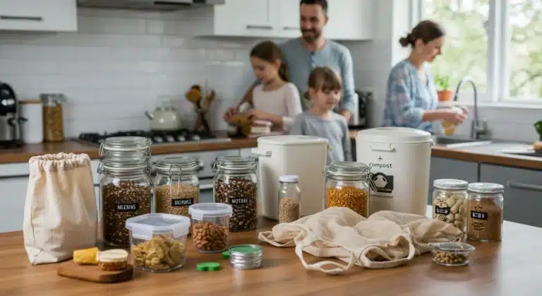 Family adopting zero-waste living practices in a modern kitchen with reusable items