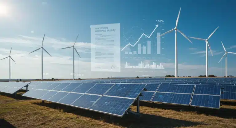 Solar panels and wind turbines under a bright sky, symbolizing U.S. renewable energy growth