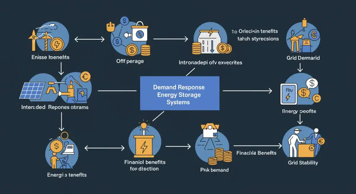 Infographic illustrating demand response mechanics with energy storage systems.