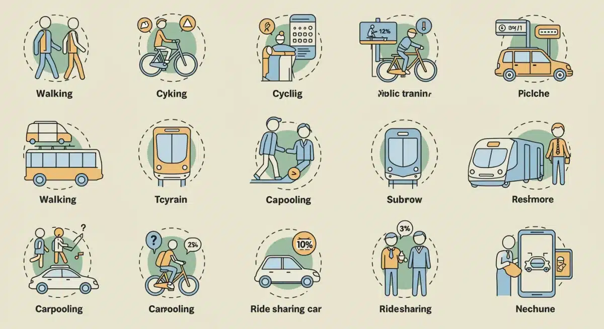 Infographic of diverse eco-friendly commuting options and their carbon impact