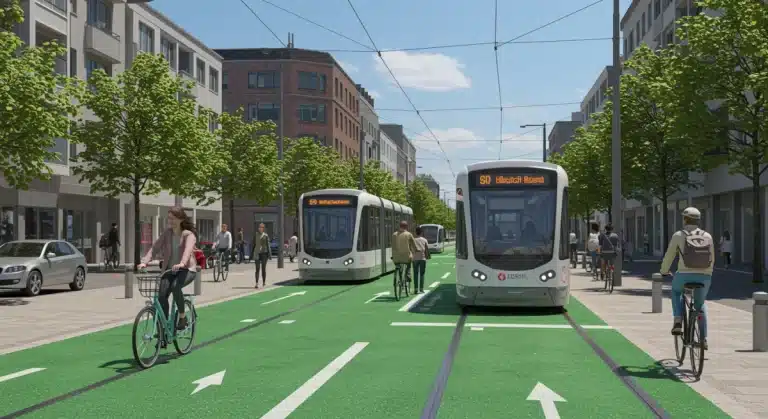 Eco-friendly urban transportation scene 2025 with bikes and public transit