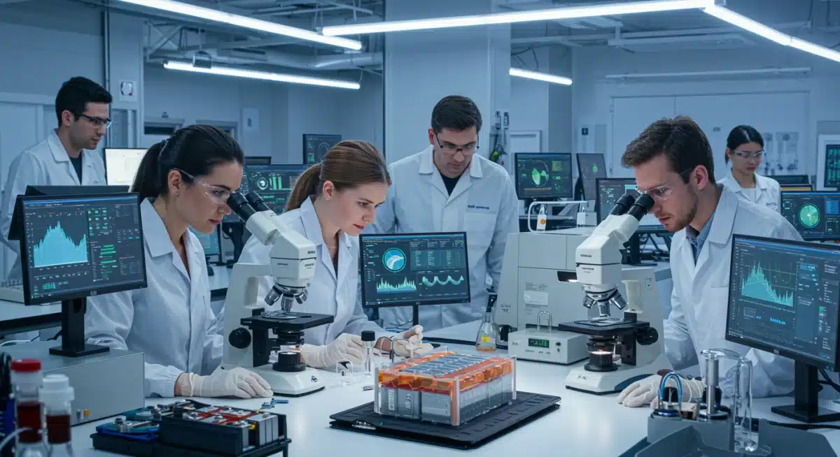 Engineers testing solid-state battery prototypes in a laboratory