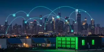 Futuristic city grid with energy storage for demand response, symbolizing financial gains.