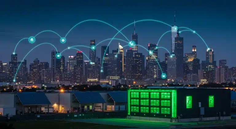 Futuristic city grid with energy storage for demand response, symbolizing financial gains.