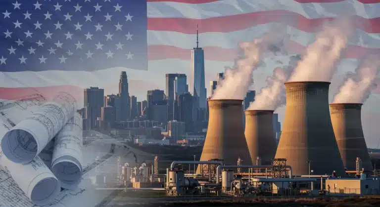 Geothermal power plant with federal incentive documents, symbolizing US clean energy growth