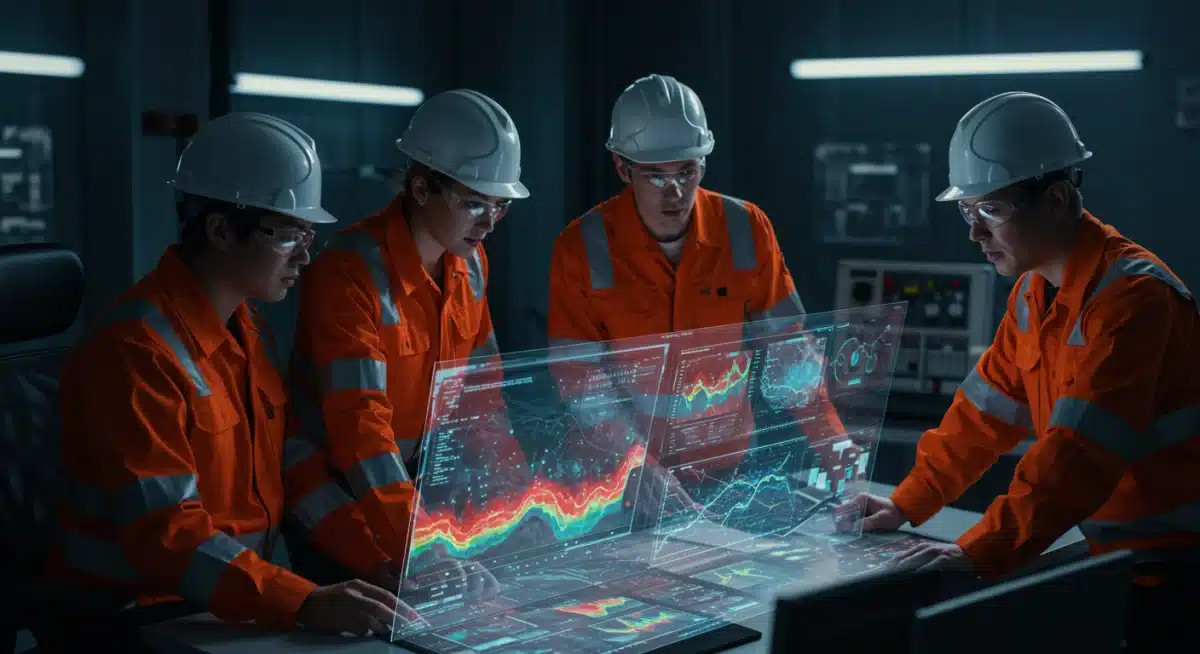 Engineers reviewing holographic geological data for geothermal drilling