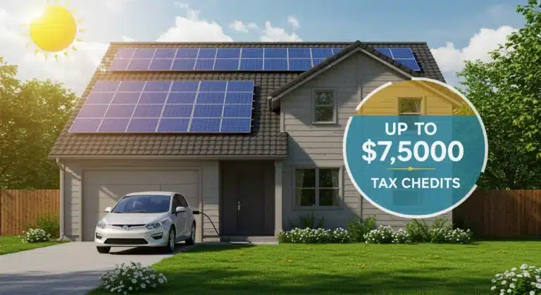 Modern home with solar panels and electric vehicle charging, symbolizing federal clean energy tax credits in 2026.