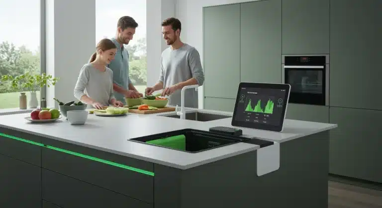 Modern 2026 kitchen with integrated composting system for zero waste living.