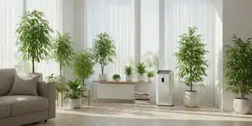 Bright modern living room with plants, air purifier, and natural light, symbolizing excellent indoor air quality and a healthy home environment.