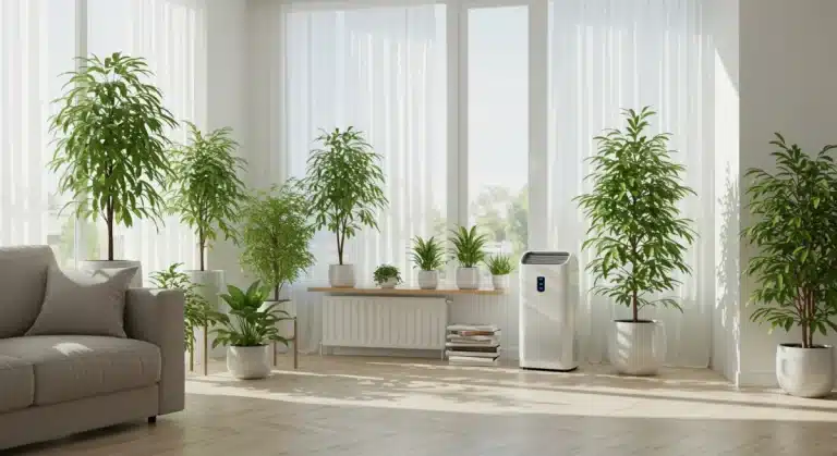 Bright modern living room with plants, air purifier, and natural light, symbolizing excellent indoor air quality and a healthy home environment.