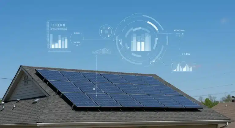 Residential solar panels on a modern home with policy graphs overlaying the sky, signifying the 2025 outlook.