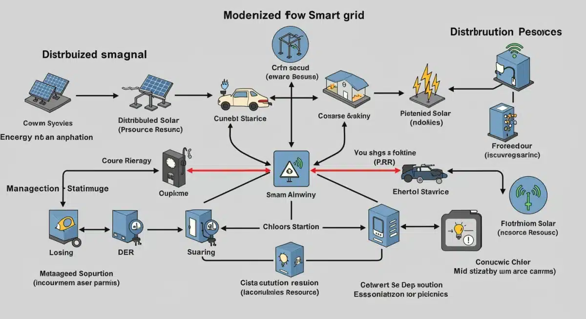 Diagram of smart grid energy flow with distributed resources and AI