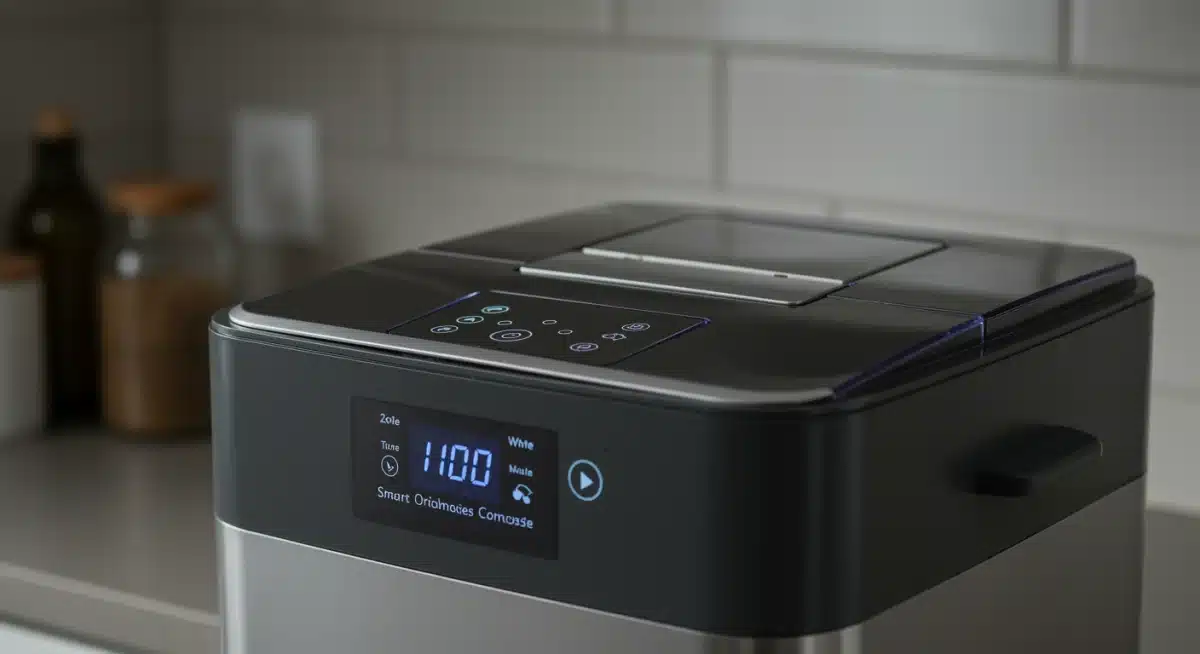 Smart indoor composter on a kitchen counter, processing food waste efficiently.