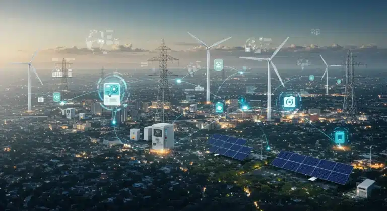 Futuristic U.S. power grid with smart tech and renewables in 2026