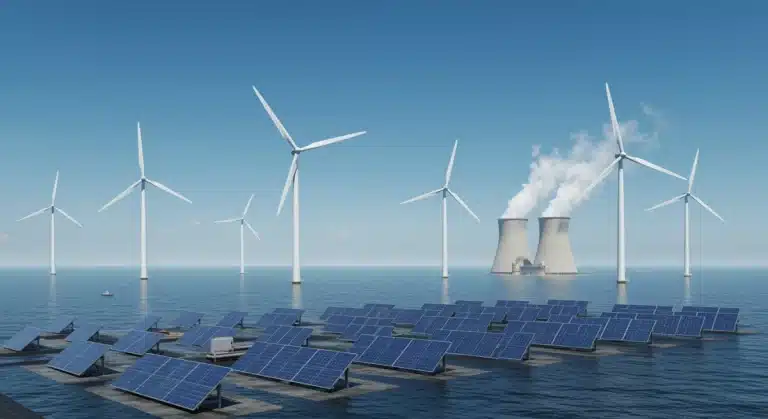 Futuristic U.S. renewable energy landscape with solar, wind, and geothermal power, 2026