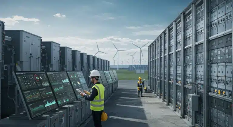 Technician inspecting advanced energy storage system in 2026