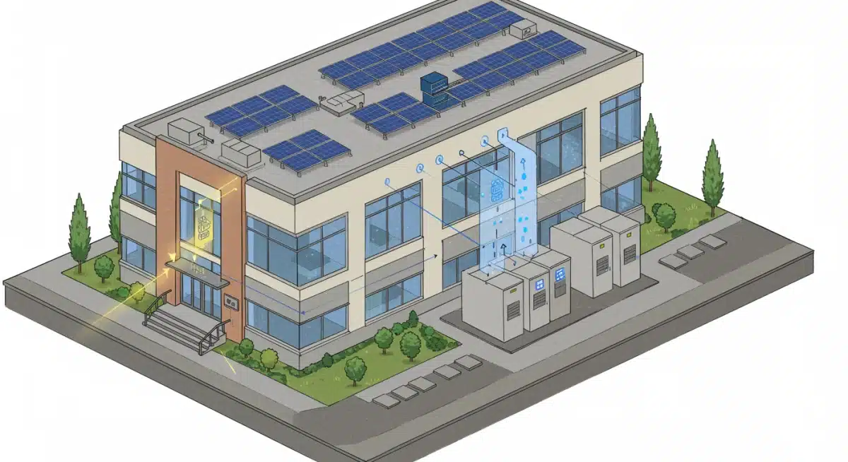 Commercial building with solar panels and battery energy storage system illustrating energy independence.
