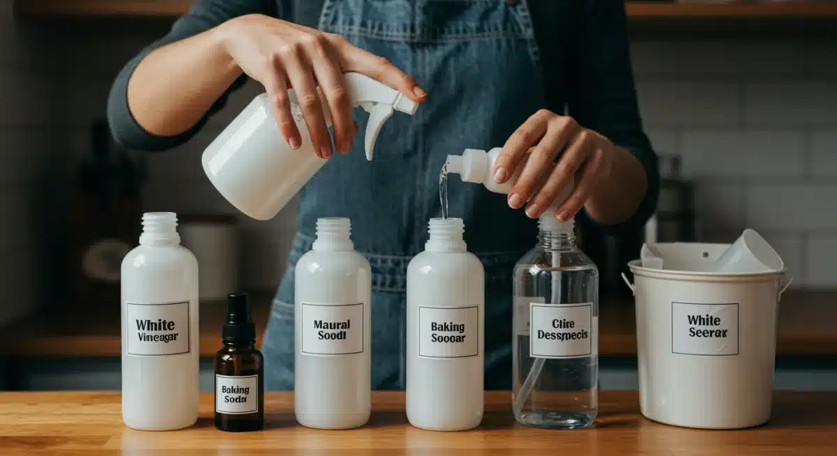 Person mixing DIY natural cleaning solutions for a chemical-free home.