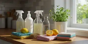 Eco-friendly cleaning supplies in a modern kitchen, symbolizing a chemical-free home in 2026.