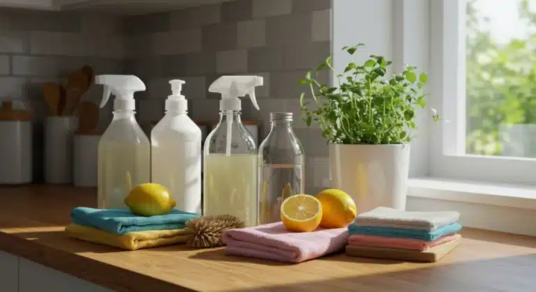 Eco-friendly cleaning supplies in a modern kitchen, symbolizing a chemical-free home in 2026.