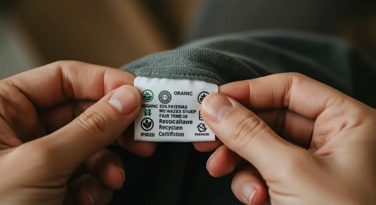 Hands examining a clothing label with organic and fair trade certifications