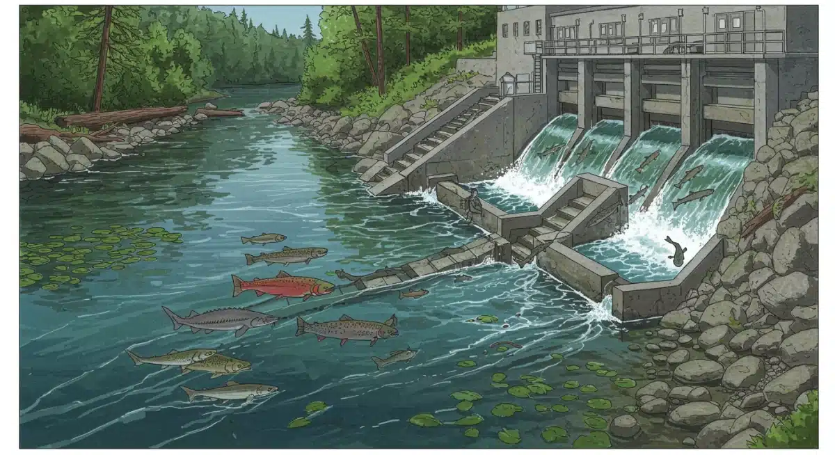 Fish ladder for environmental compliance at hydropower plant