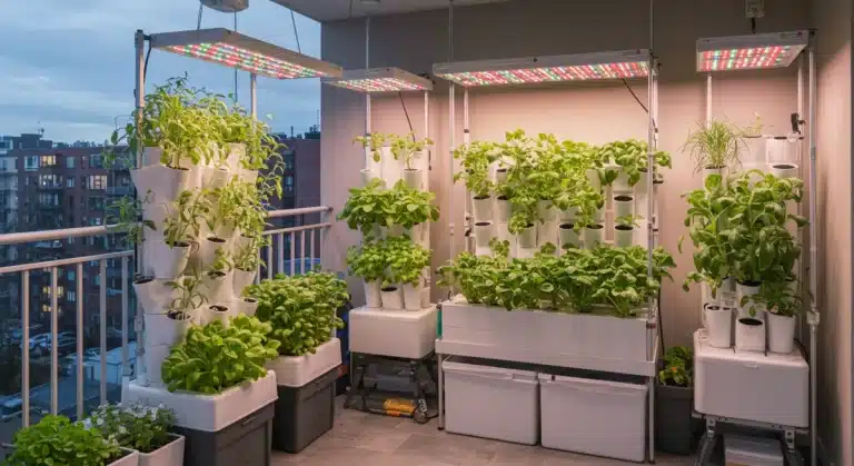 Flourishing 50-square-foot urban garden with vertical and hydroponic systems