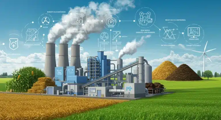 Futuristic bioenergy plant processing agricultural waste for clean energy in 2026
